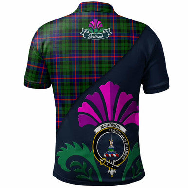 Scottish Morrison Clan Crest Tartan Polo Shirt - Scotland Thistle Style Back Side Tartan Plaid