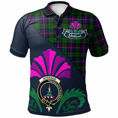 Scottish Morrison Clan Crest Tartan Polo Shirt - Scotland Thistle Style Front Side Tartan Plaid