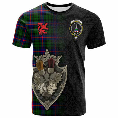 Scottish Morrison Clan Crest Tartan T-Shirt - Half Thistle Flowers Celtic Design Front Side Tartan Plaid
