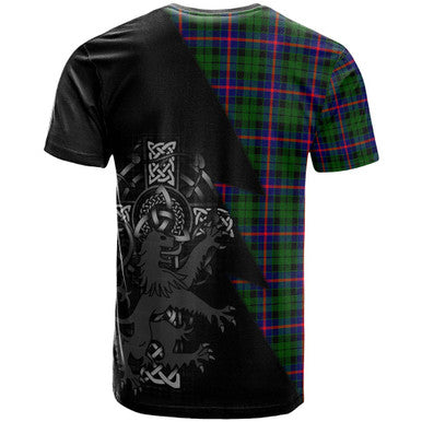 Scottish Morrison Clan Crest Tartan T-Shirt - Lion Rampant Celtic Cross Flash Style Back Side Tartan Plaid