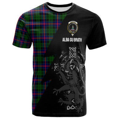 Scottish Morrison Clan Crest Tartan T-Shirt - Lion Rampant Celtic Cross Flash Style Front Side Tartan Plaid