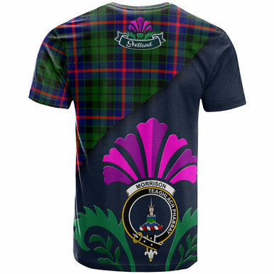 Scottish Morrison Clan Crest Tartan T-Shirt - Scotland Thistle Style Back Side Tartan Plaid