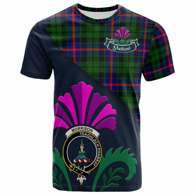 Scottish Morrison Clan Crest Tartan T-Shirt - Scotland Thistle Style Front Side Tartan Plaid