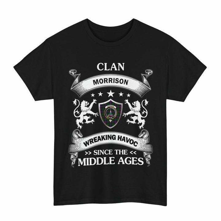 Scottish Morrison Clan Crest Tartan T-Shirt Wreaking Havoc Design Tartan Plaid Black Color