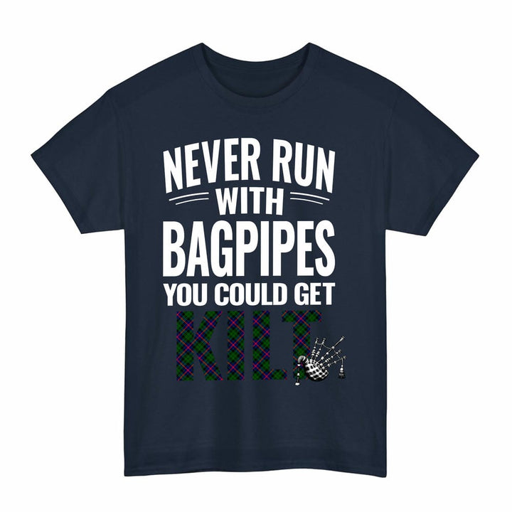 Scottish Morrison Modern Clan Tartan Never Run With Bagpipes T-Shirt Tartan Plaid Navy Color