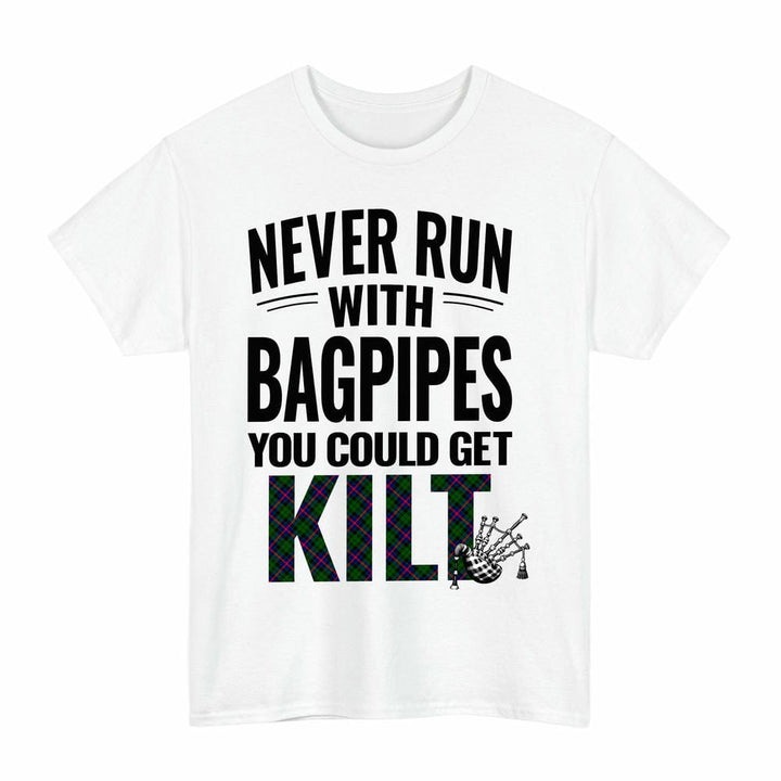 Scottish Morrison Modern Clan Tartan Never Run With Bagpipes T-Shirt Tartan Plaid White Color
