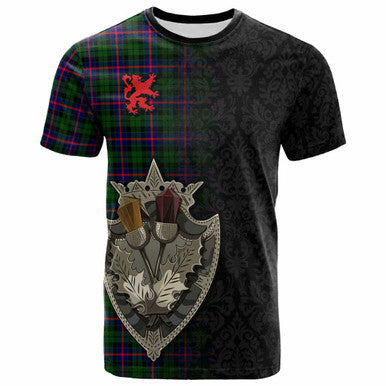 Scottish Morrison Modern Clan Tartan T-Shirt - Half Thistle Flowers Celtic Design Front Side Tartan Plaid