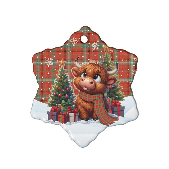 Scottish Morrison Red Ancient Clan Tartan Ceramic Ornament Cute Highland Cow Christmas Snow Flake Style Tartan Plaid
