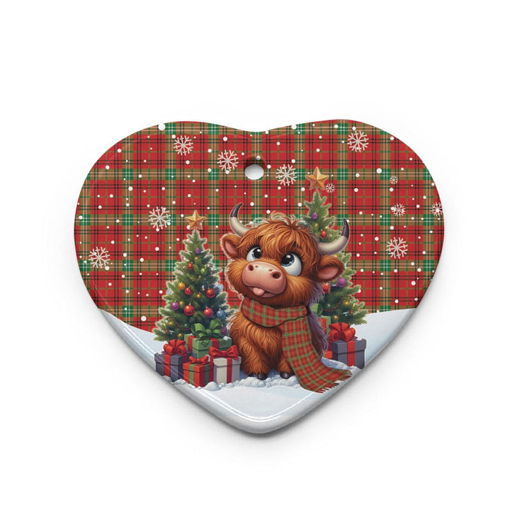 Scottish Morrison Red Modern Clan Tartan Ceramic Ornament Cute Highland Cow Christmas Heart Style Tartan Plaid