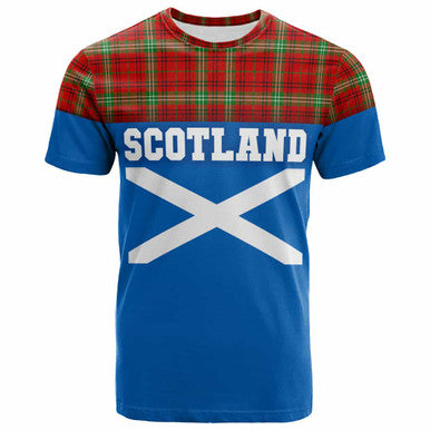 Scottish Morrison Red Modern Clan Tartan T-Shirt - Lion Rampant of Scotland With Flag Front Side Tartan Plaid