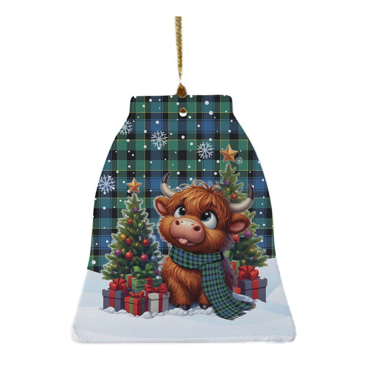 Scottish Mouat Clan Tartan Ceramic Ornament Cute Highland Cow Christmas Bell Style Tartan Plaid