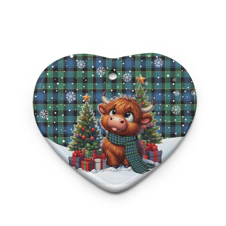 Scottish Mouat Clan Tartan Ceramic Ornament Cute Highland Cow Christmas Heart Style Tartan Plaid
