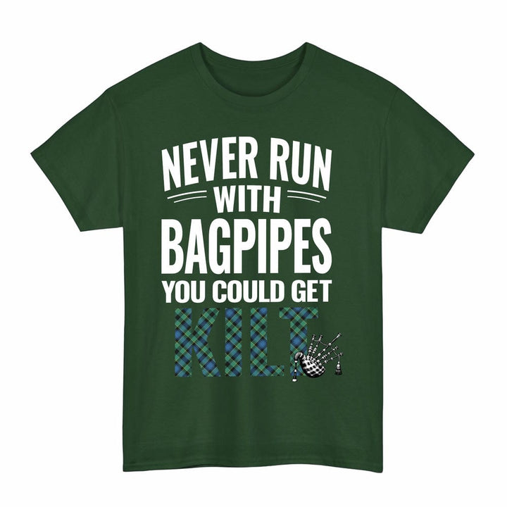 Scottish Mouat Clan Tartan Never Run With Bagpipes T-Shirt Tartan Plaid Forest Green Color