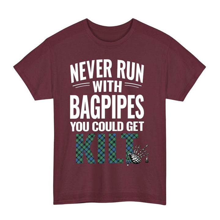 Scottish Mouat Clan Tartan Never Run With Bagpipes T-Shirt Tartan Plaid Maroon Color