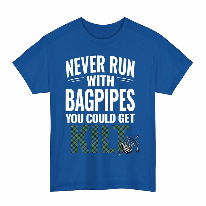 Scottish Mouat Clan Tartan Never Run With Bagpipes T-Shirt Tartan Plaid Royal Color
