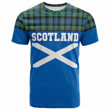 Scottish Mouat Clan Tartan T-Shirt - Lion Rampant of Scotland With Flag Front Side Tartan Plaid