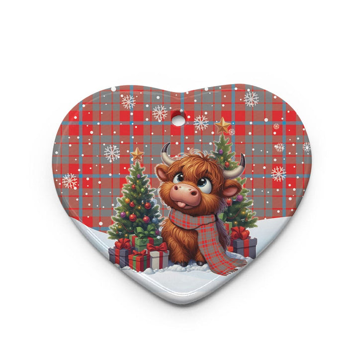 Scottish Moubray Clan Tartan Ceramic Ornament Cute Highland Cow Christmas Heart Style Tartan Plaid
