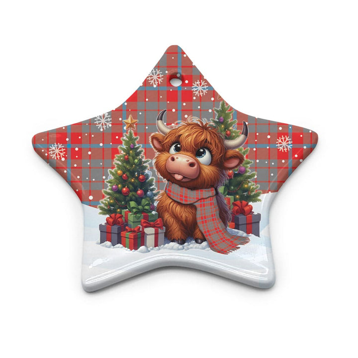 Scottish Moubray Clan Tartan Ceramic Ornament Cute Highland Cow Christmas Star Style Tartan Plaid
