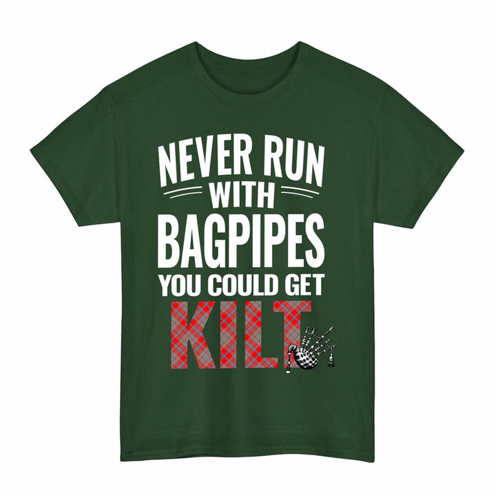 Scottish Moubray Clan Tartan Never Run With Bagpipes T-Shirt Tartan Plaid Forest Green Color