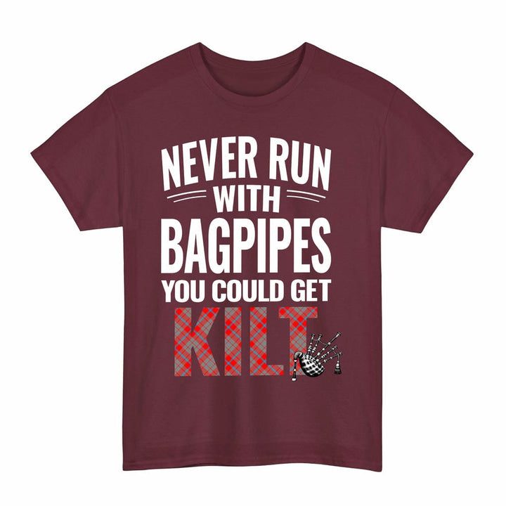 Scottish Moubray Clan Tartan Never Run With Bagpipes T-Shirt Tartan Plaid Maroon Color