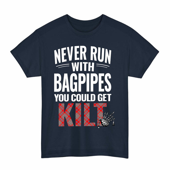 Scottish Moubray Clan Tartan Never Run With Bagpipes T-Shirt Tartan Plaid Navy Color