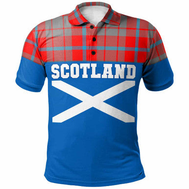 Scottish Moubray Clan Tartan Polo Shirt - Lion Rampant of Scotland With Flag Front Side Tartan Plaid