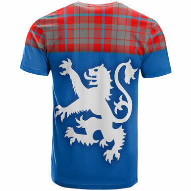 Scottish Moubray Clan Tartan T-Shirt - Lion Rampant of Scotland With Flag Back Side Tartan Plaid