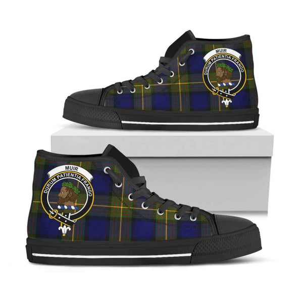Scottish Muir Clan Crest Tartan High Top Shoes Black Sole Tartan Plaid