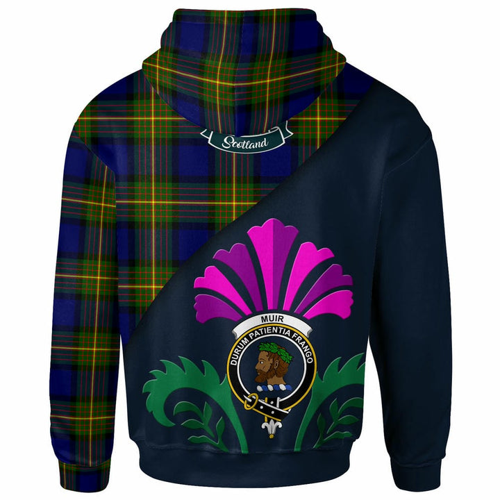 Scottish Muir Clan Crest Tartan Hoodie - Scotland Thistle Style Back Side Tartan Plaid