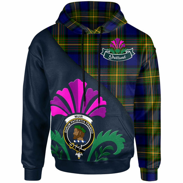 Scottish Muir Clan Crest Tartan Hoodie - Scotland Thistle Style Front Side Tartan Plaid