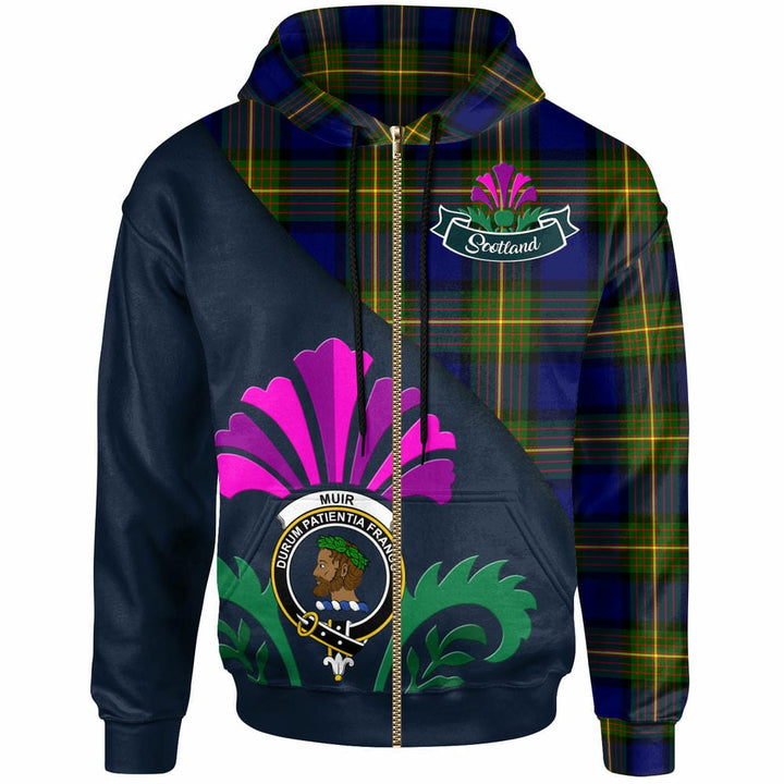 Scottish Muir Clan Crest Tartan Hoodie - Scotland Thistle Style Zip-up Tartan Plaid