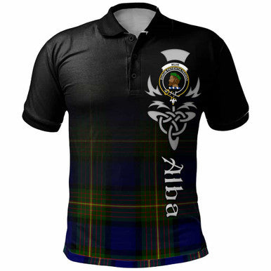 Scottish Muir Clan Crest Tartan Polo Shirt - Alba Gu Brath Family Crest Celtic Inspired Front Side Tartan Plaid