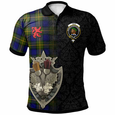 Scottish Muir Clan Crest Tartan Polo Shirt - Half Thistle Flowers Celtic Design Front Side Tartan Plaid
