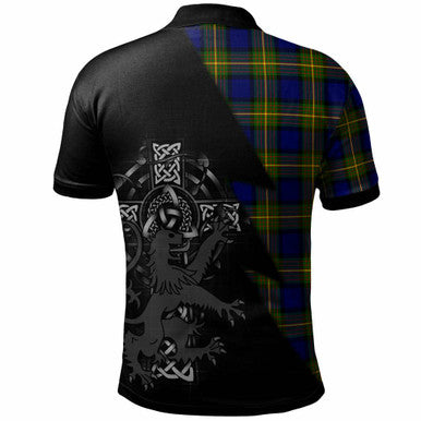 Scottish Muir Clan Crest Tartan Polo Shirt - Lion Rampant Celtic Cross Flash Style Back Side Tartan Plaid