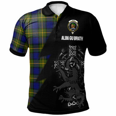 Scottish Muir Clan Crest Tartan Polo Shirt - Lion Rampant Celtic Cross Flash Style Front Side Tartan Plaid