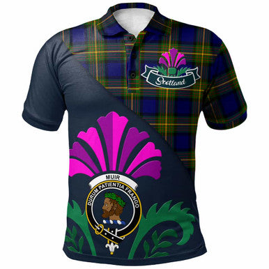 Scottish Muir Clan Crest Tartan Polo Shirt - Scotland Thistle Style Front Side Tartan Plaid