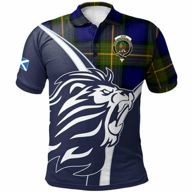 Scottish Muir Clan Crest Tartan Polo Shirt - Scottish Flag With Lion Front Side Tartan Plaid