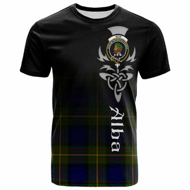 Scottish Muir Clan Crest Tartan T-Shirt - Alba Gu Brath Family Crest Celtic Inspired Front Side Tartan Plaid