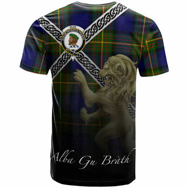 Scottish Muir Clan Crest Tartan T-Shirt - Celtic With Scotland Lion Back Side Tartan Plaid