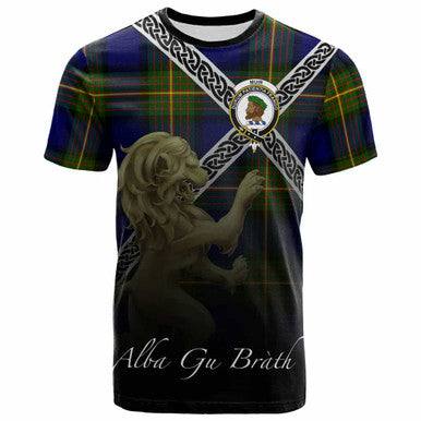 Scottish Muir Clan Crest Tartan T-Shirt - Celtic With Scotland Lion Front Side Tartan Plaid