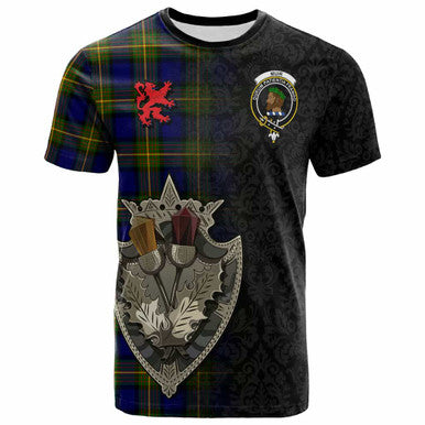 Scottish Muir Clan Crest Tartan T-Shirt - Half Thistle Flowers Celtic Design Front Side Tartan Plaid