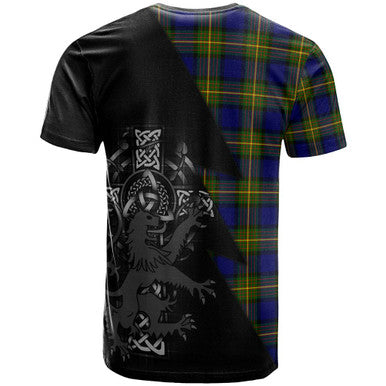Scottish Muir Clan Crest Tartan T-Shirt - Lion Rampant Celtic Cross Flash Style Back Side Tartan Plaid