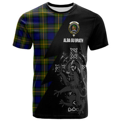 Scottish Muir Clan Crest Tartan T-Shirt - Lion Rampant Celtic Cross Flash Style Front Side Tartan Plaid