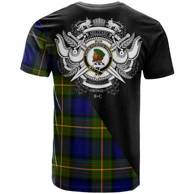 Scottish Muir Clan Crest Tartan T-Shirt - Military Logo Back Side Tartan Plaid