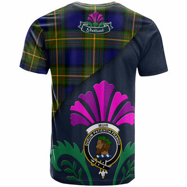 Scottish Muir Clan Crest Tartan T-Shirt - Scotland Thistle Style Back Side Tartan Plaid