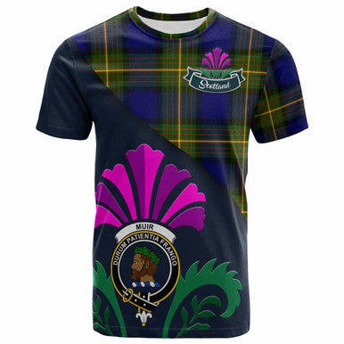 Scottish Muir Clan Crest Tartan T-Shirt - Scotland Thistle Style Front Side Tartan Plaid