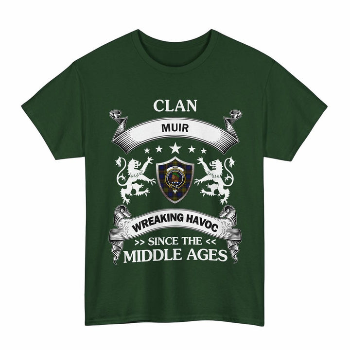 Scottish Muir Clan Crest Tartan T-Shirt Wreaking Havoc Design Tartan Plaid Forest Green Color