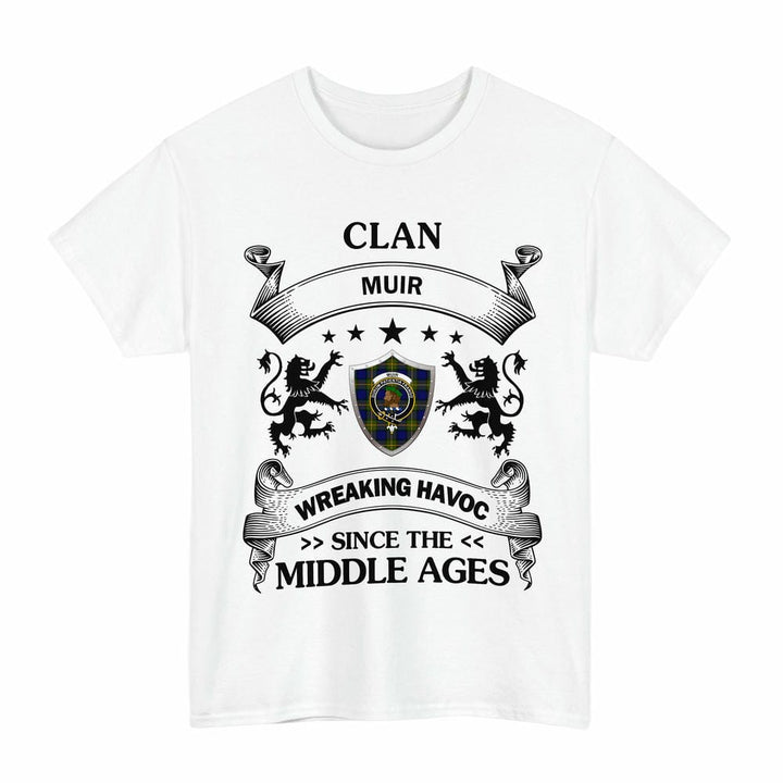 Scottish Muir Clan Crest Tartan T-Shirt Wreaking Havoc Design Tartan Plaid White Color