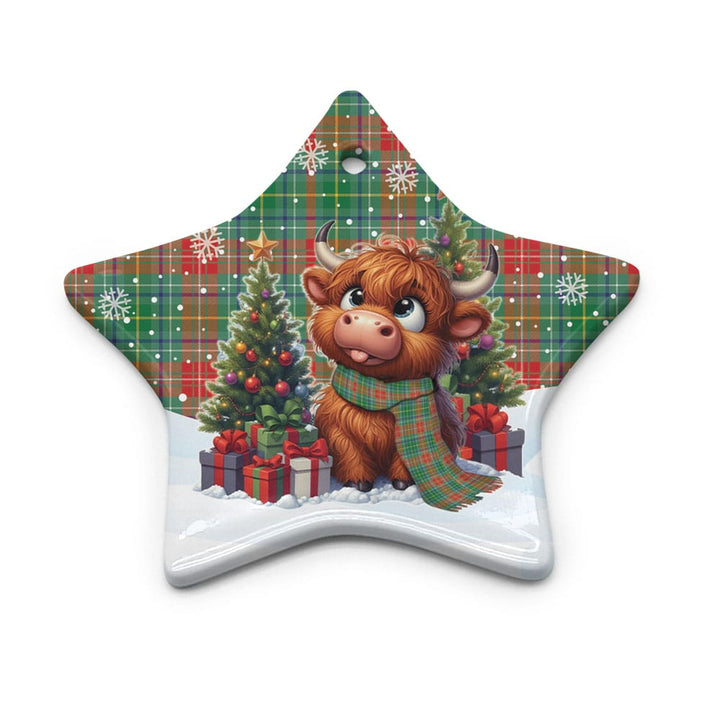 Scottish Muirhead Clan Tartan Ceramic Ornament Cute Highland Cow Christmas Star Style Tartan Plaid
