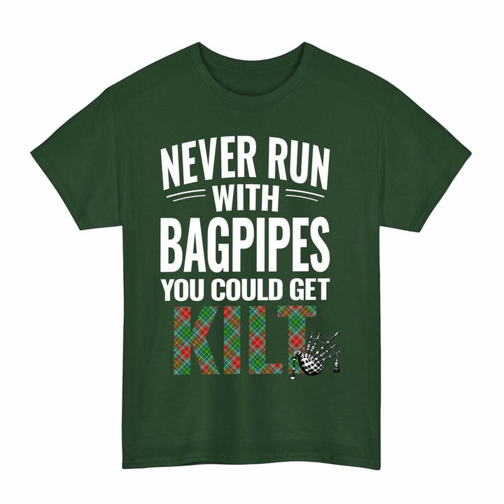 Scottish Muirhead Clan Tartan Never Run With Bagpipes T-Shirt Tartan Plaid Forest Green Color